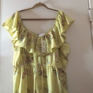 Off the shoulder, pale yellow dress with flowers